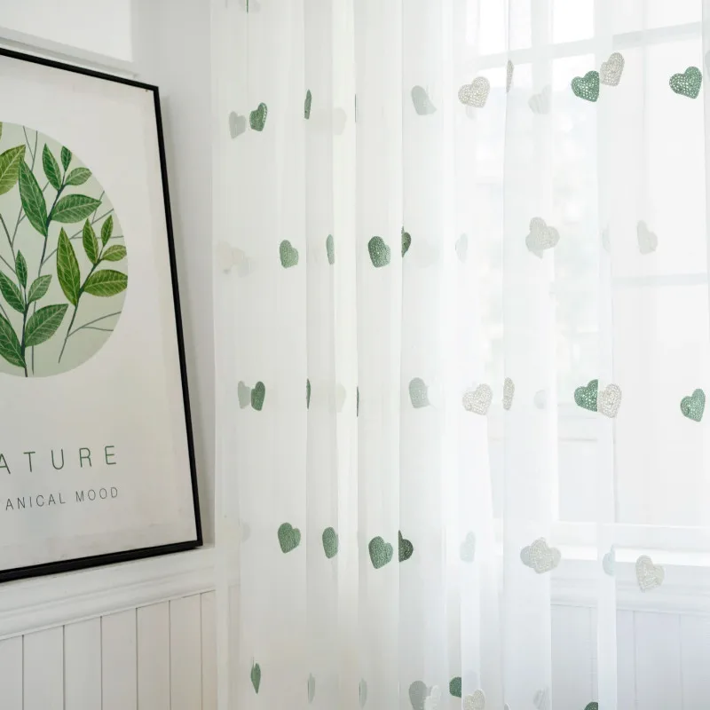 Korean Green Heart Tulle Curtain For Living Room Lovely Voile Sheer Kids Bedroom Bay Kitchen Window Panels X-JD1200 | Дом и сад