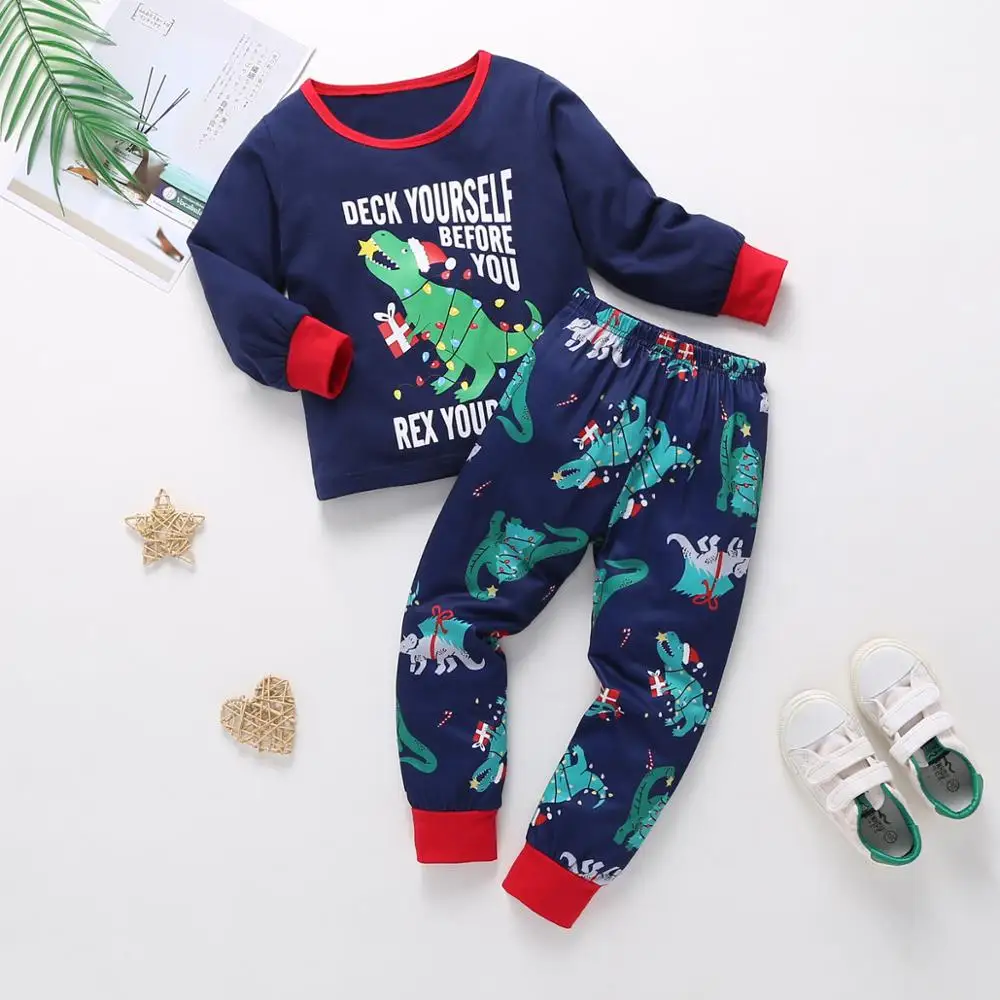 2pcs bule 01 Рождественский пижамный комплект для маленьких мальчиков, детская одежда с динозаврами, вязаные длинные пижамы, наряды Санты, Детский костюм, серый костюм - Цвет: 2pcs bule 01