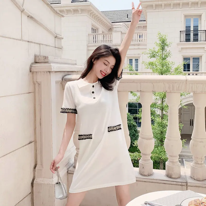 

22021 New polo dress female short sleeves medium-length small first love French orange terrier skirt