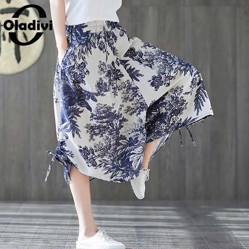 

Oladivi Oversized Wide Leg Loose Pants Summer Women Cotton Linen Fashion Print Casual Pant Large Capris Big Size Trousers L 5XL