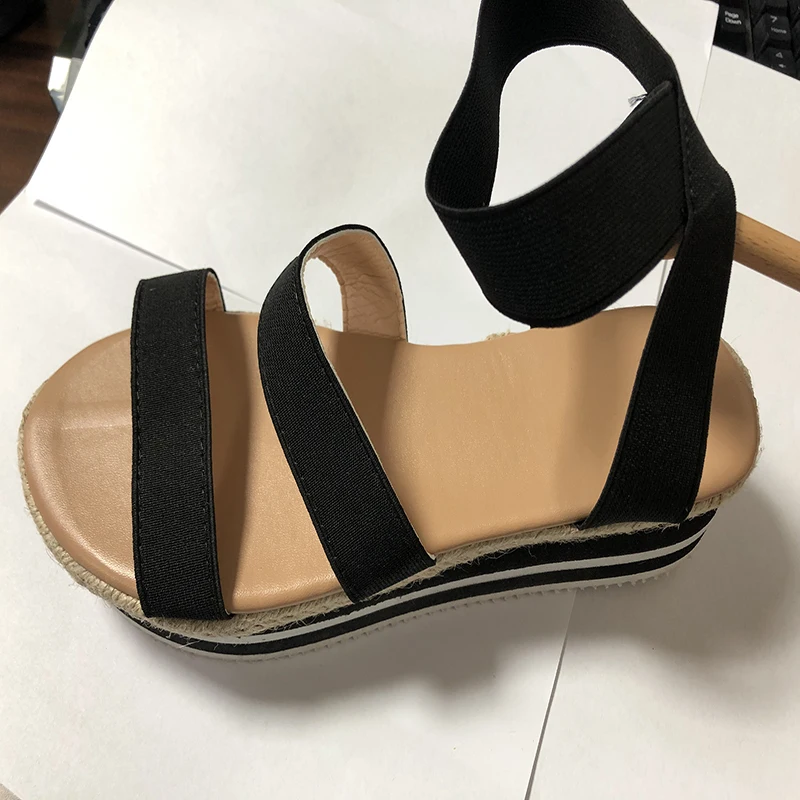 

YUKE Women Fashion Casual Patchwork Cross-tied Shoes Female Wedges Elastic Band Middle Heels Comfortable Platform Sandals