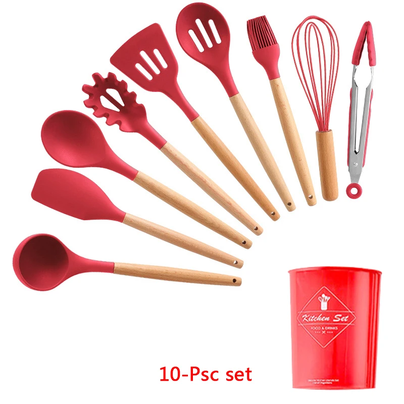 10-Pcs kitchen set 11-13 шт Силиконовая кухонная утварь набор кухонной утвари антипригарный шпатель Премиум деревянная ручка с ящиком для хранения кухонные инструменты - Цвет: 10-Pcs kitchen set
