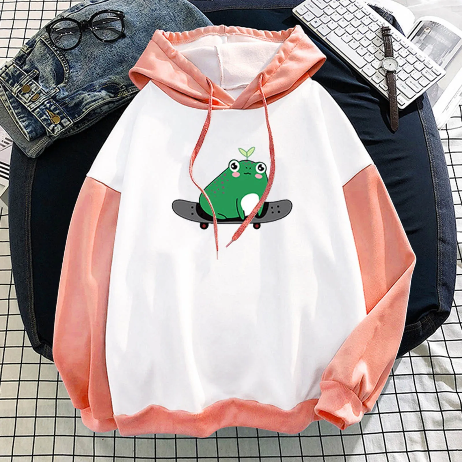 Kawaii Frog Hoodies Women Oversized 2021 Fashion Stitching Cute Plus Velvet Long-Sleeve Hooded Sweatshirt Top Harajuku Sudaderas