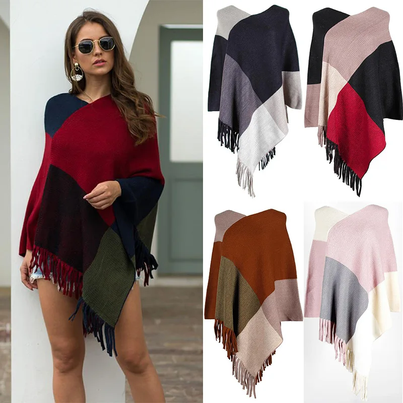 

Autumn and Winter Newest Tops Women' Shawl Cloak Tassel Cape Color Puzzle Coat Woman Sweaters Pretty Lady V-Neck Manteau Sweater