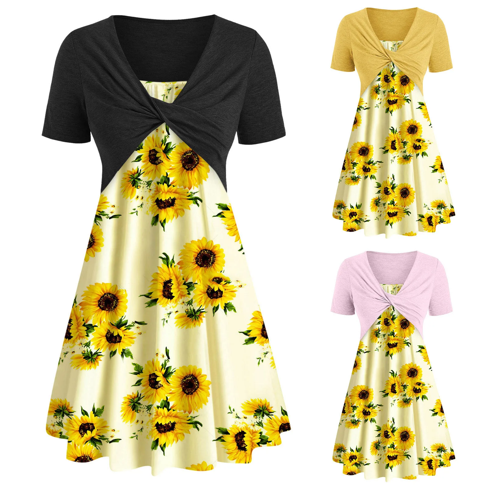 

64# Women Suit Dress Cross Knot Bandage Top Short Sleeve Flower Print Mini Dress Plus Size Summer Bohemian Vintage Elegant Dress