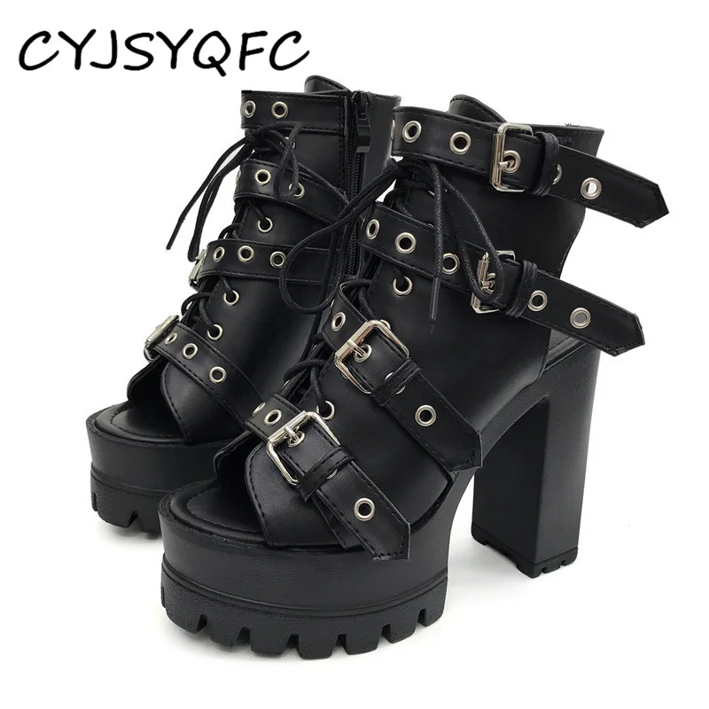

CYJSYQFC Punk Goth Style Slingback Platform Women's Sandals Metal Decoration Open Toe Ankle Strap Lady Shoes Black Soft Leather