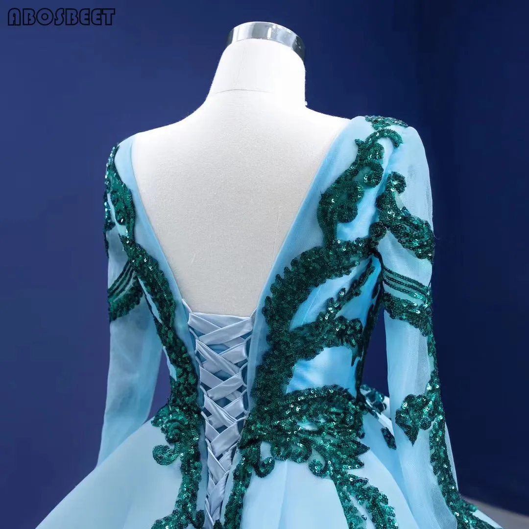 

Prom Dress Long Sleeve A Line Evening Party Gown Elegant Long Green Sequins V Neck Lace Up with Long Train Robes De Soire