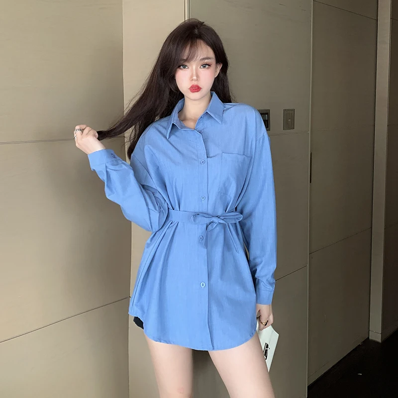 

Plus Size Clothes Blue Long Shirts Women 2021 Spring Fashion Loose Long Sleeve Blouse Oversize Sashes Korean Style Tops Jackets