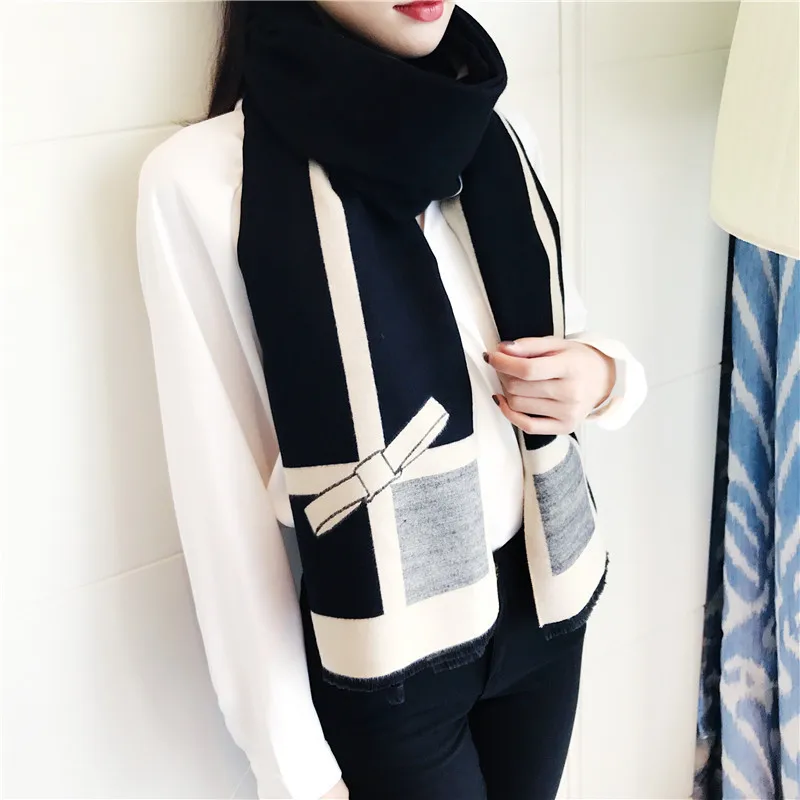

Осенне-зимний новый корейский кашемировый шарф с бантом двусторонняя теплая мягкая шаль двойного назначения шарф женский зимний