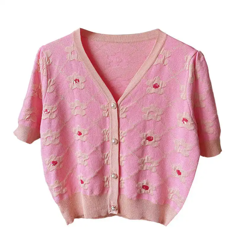 

2021 new women's clothing fashion temperament short-sleeved sequins embroidery flower knit cardigan