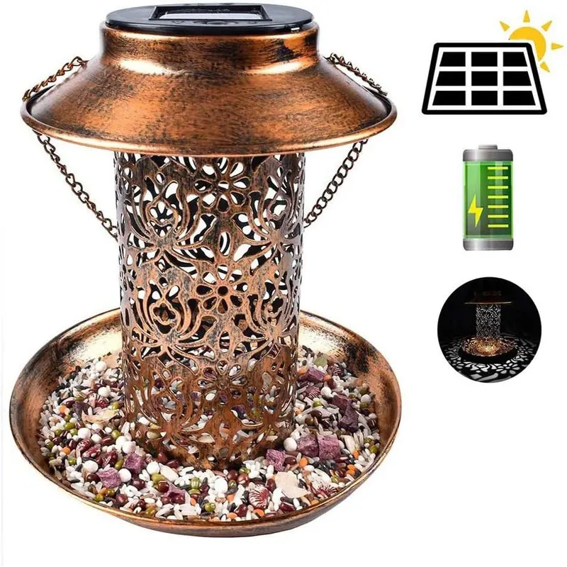 

Wild bird feeder hanging in the garden courtyard outdoor decoration with solar LED retro style metal garden lantern bird bowl