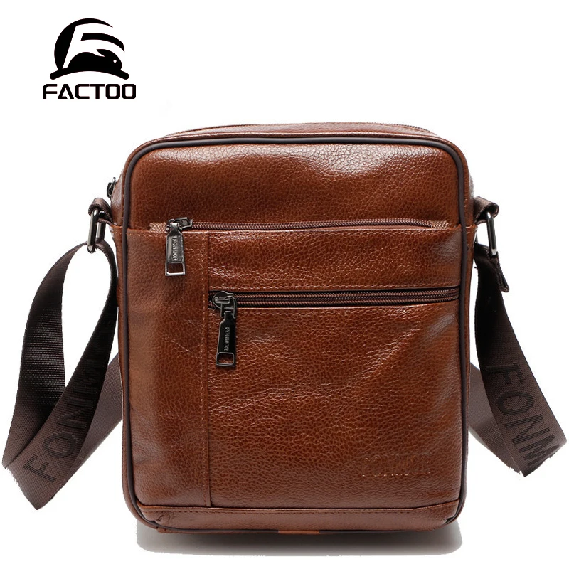 

FACTOO Cowhide Men's Shoulder Messenger Bag Leather Fashion Dad Casual Messenger Square Bag Large Capacity Zipper Double Layer