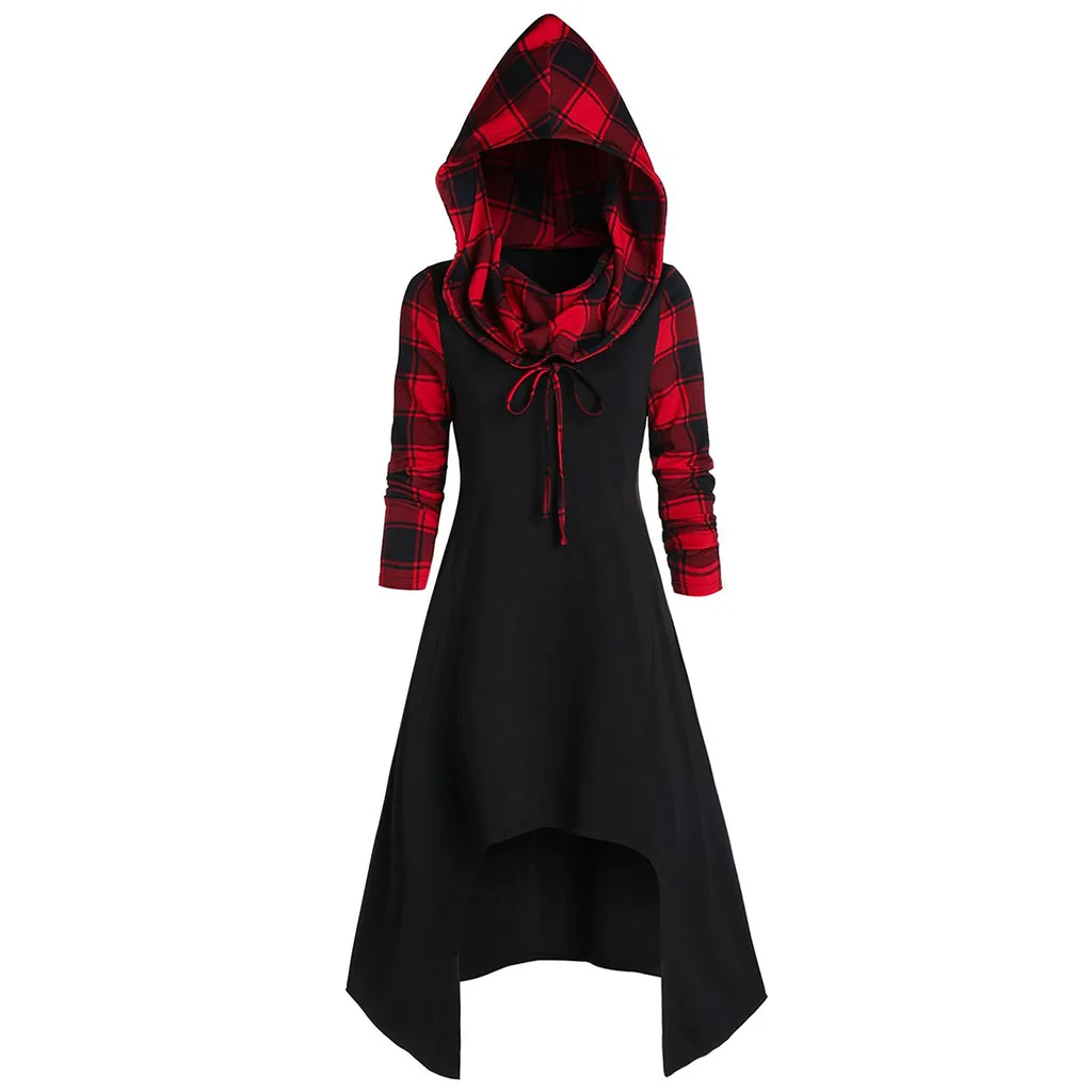Женское клетчатое платье с капюшоном платье-трансформер средней длины длинным
