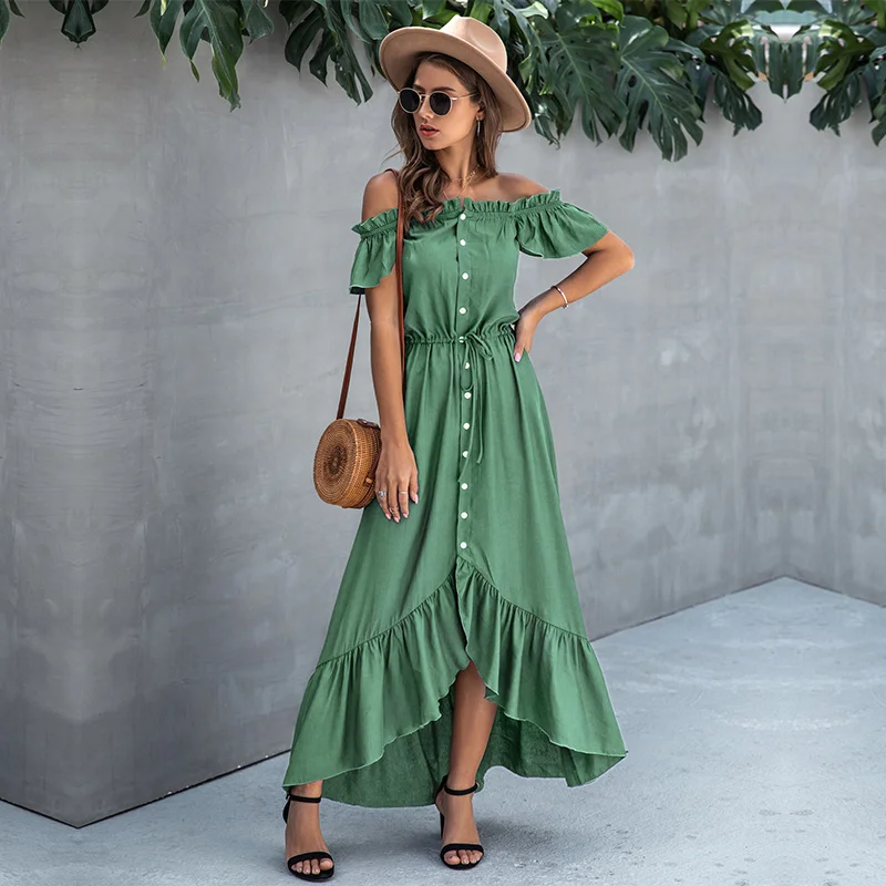 

2021 Summer Solid Off The Shoulder Dress Women Casual Slash Neck Short Single Breasted Irregular Long Dress