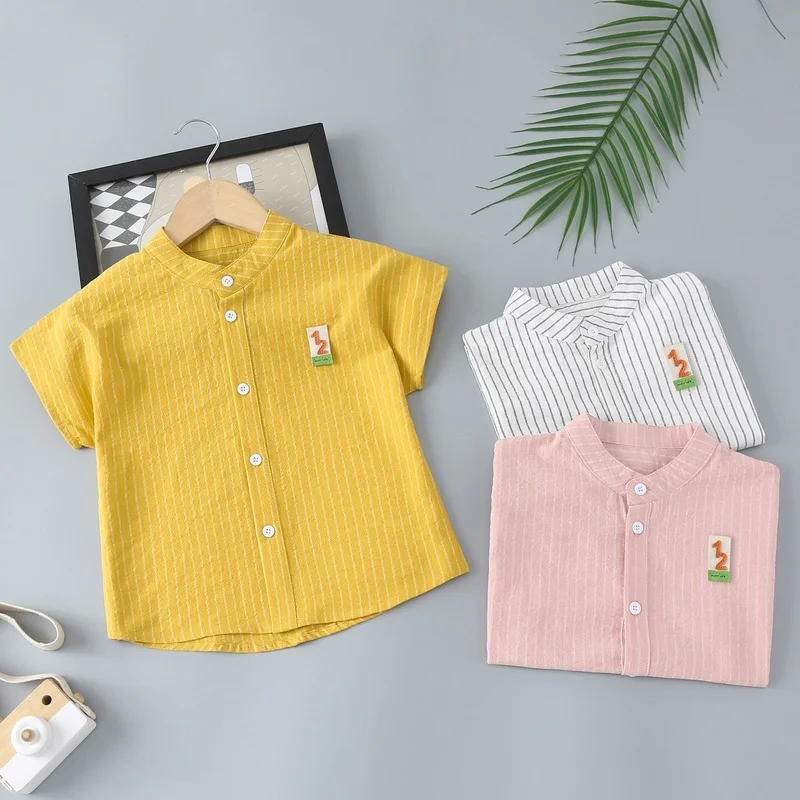 

Summer Boys Short-Sleeved Shirt new Handsome Cotton And Linen Stripes Korean Baby Stand-up Collar Loose Thin Boy Clothes