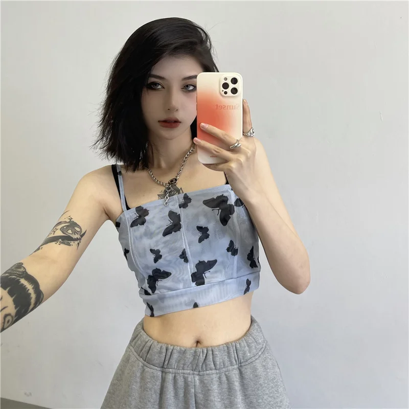 

Женский укороченный топ с принтом бабочек, винтажный элегантный топ без рукавов в стиле Харадзюку, милый летний топ, Y2K
