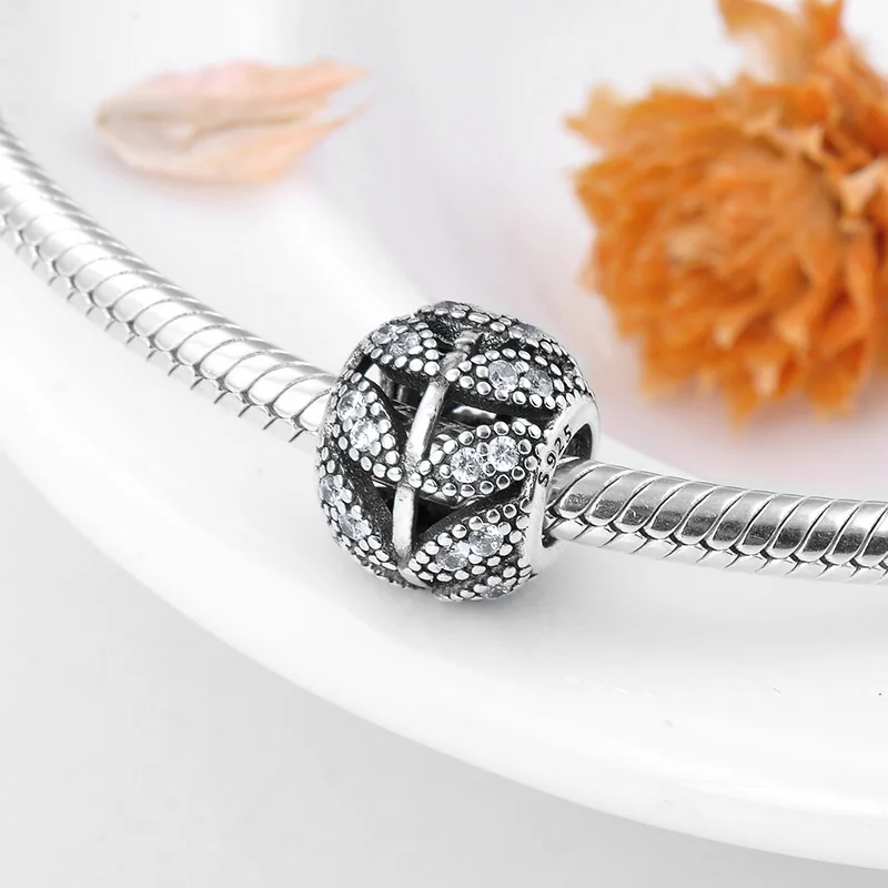 Аутентичные 925 пробы серебряные сверкающие листья дерева полые CZ бусины подходят