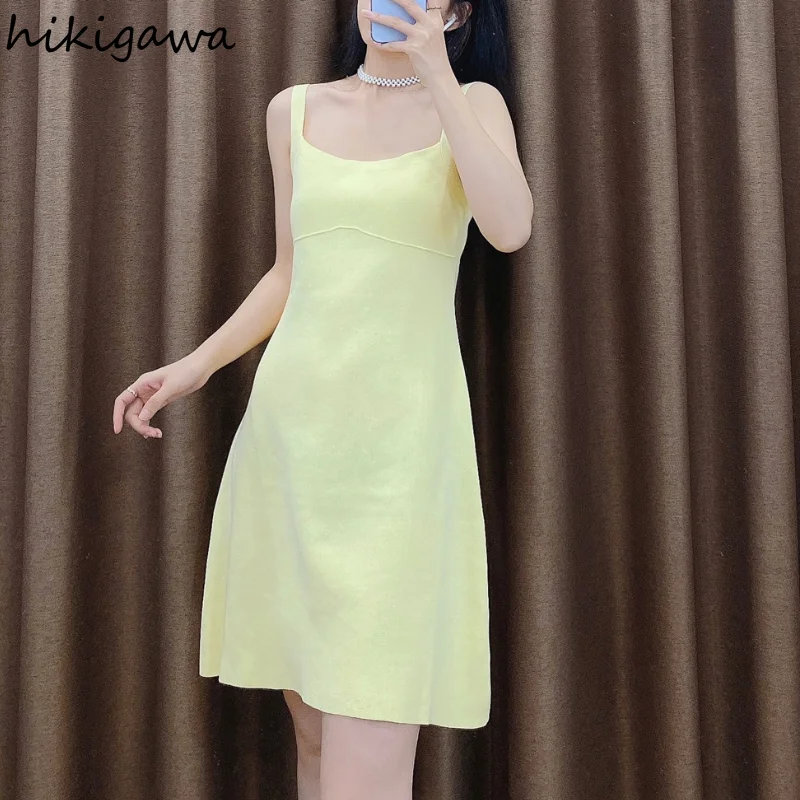

Hikigawa сексуальные желтые на бретельках вязаный пуловер Vestido De Mujer свежее с открытой спиной высокой талией тонкое повседневное мини-платье
