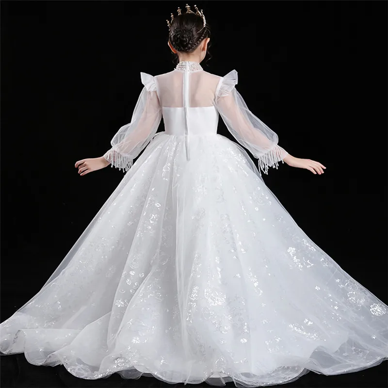 

Korean Sweet Cute Luxury Children Girls Wedding Party Birthday Princess Long Dress Kids Teens O-neck Piano Costumes Dress Wear