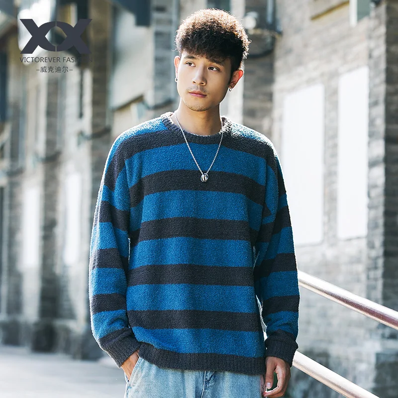 Мужской свитер с круглым вырезом в ретро-стиле контрастными полосками свободный