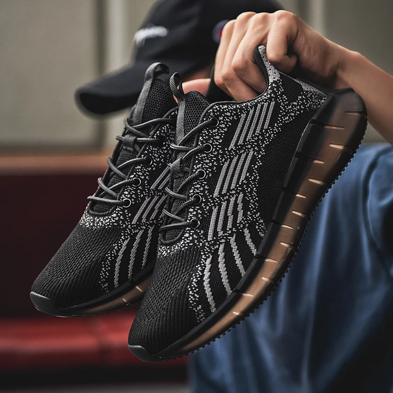 

Мужские легкие кроссовки, модная повседневная обувь, однотонные вязаные, без застежки, черные
