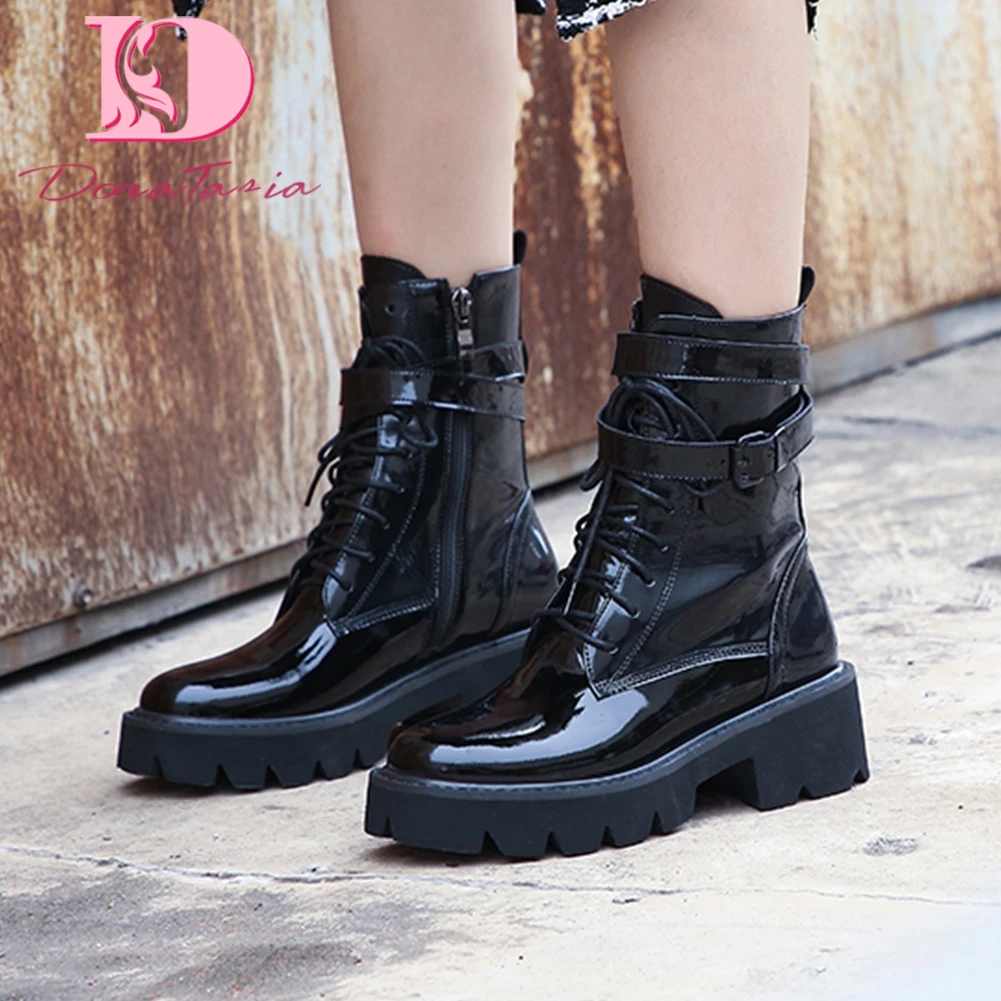 

DoraTasia Big Size 33-43 Female Genuine Leather Boots Thick Sole Square High Heels Boots Women Cross Tied Buckle Shoes Woman