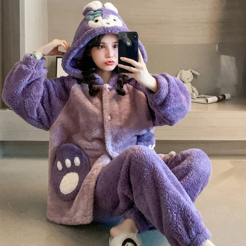 Winter Pajamas Plush Women Sleepwear Loose Version Pajama Set Inspissate Nightgown High Quality Packed Thicken Hooded женский