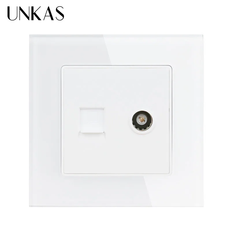 UNKAS White Luxury Crystal Glass Panel RJ45 Internet Data Computer Jack CAT5E Connector With Female TV Outlet Wall Socket