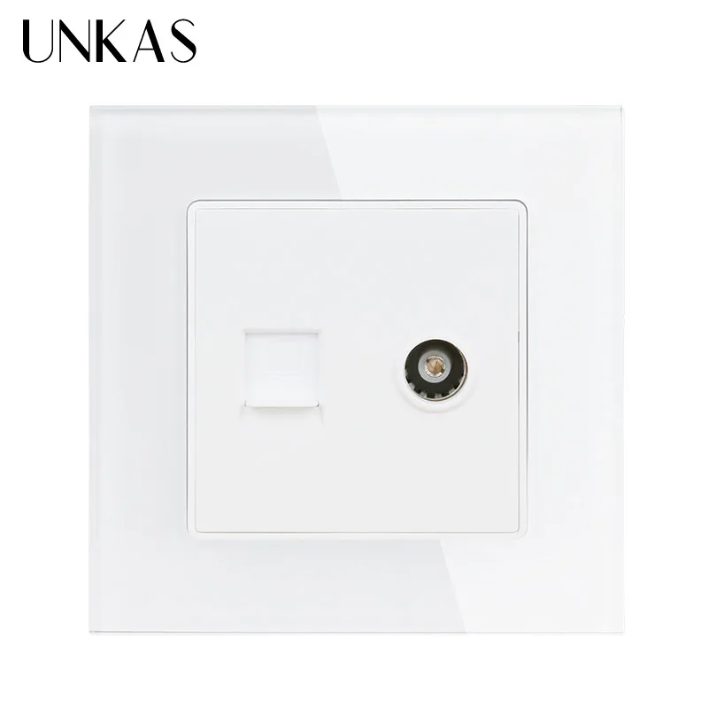 UNKAS White Luxury Crystal Glass Panel RJ45 Internet Data Computer Jack CAT5E Connector With Female TV Outlet Wall Socket | Обустройство