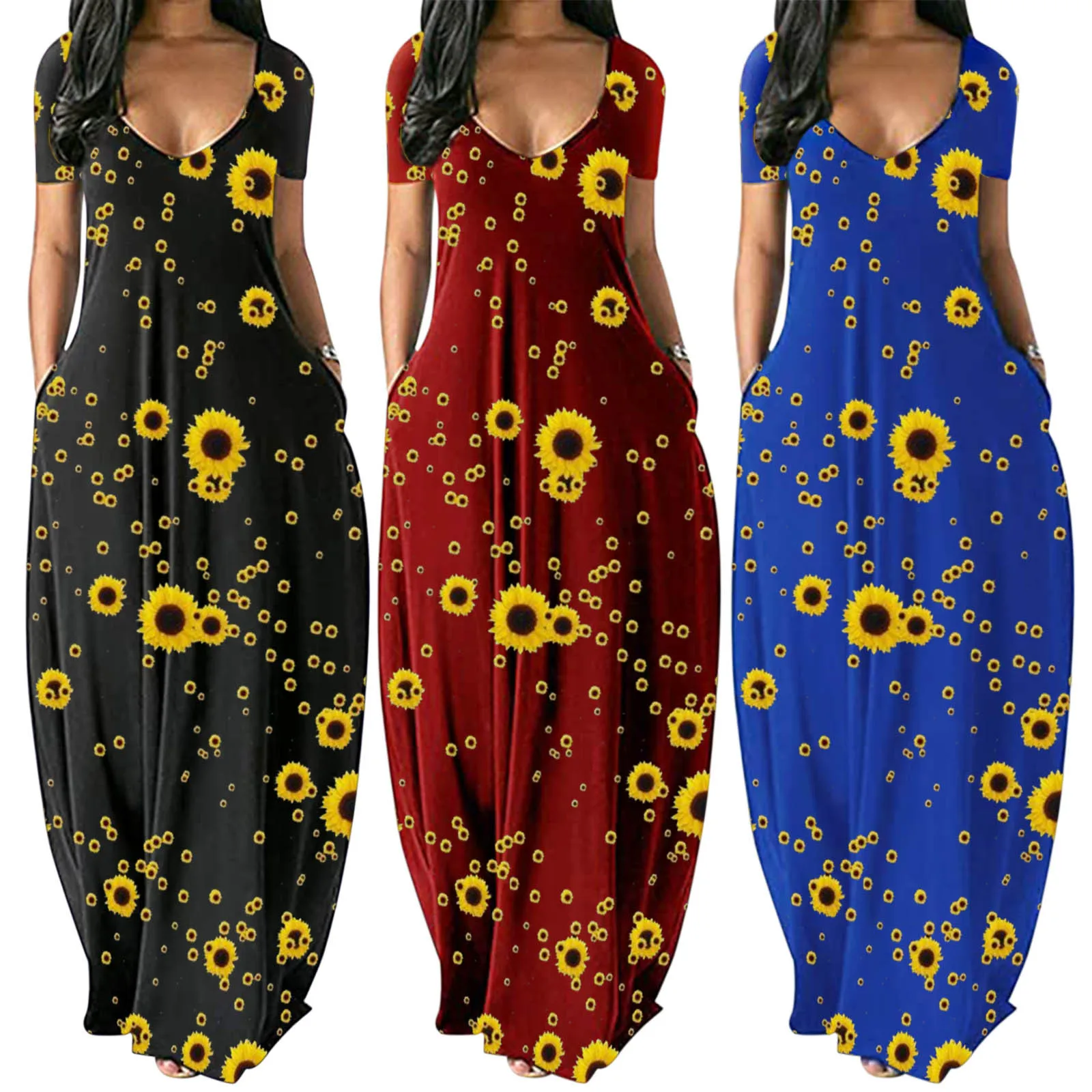 

Sunflower Printed Casual Women Maxi Dress Summer Pockets O-neck Short Sleeve Loose Long Dresses Plus Size Women Clothes Vestidos