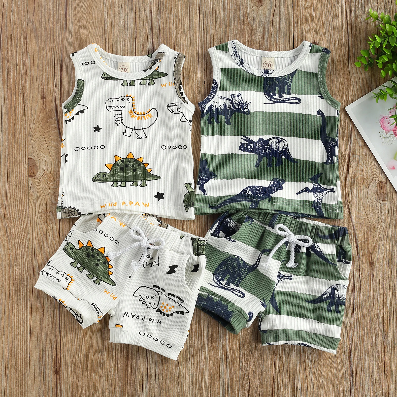 

0-24M Summer Baby Boys Clothes Sets Cartoon Dinosaur Print Sleeveless Vest + Elastic Waist Shorts