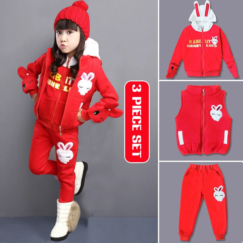 Новое модное милое пуховое костюм из трех предметов для девочек одежда детей