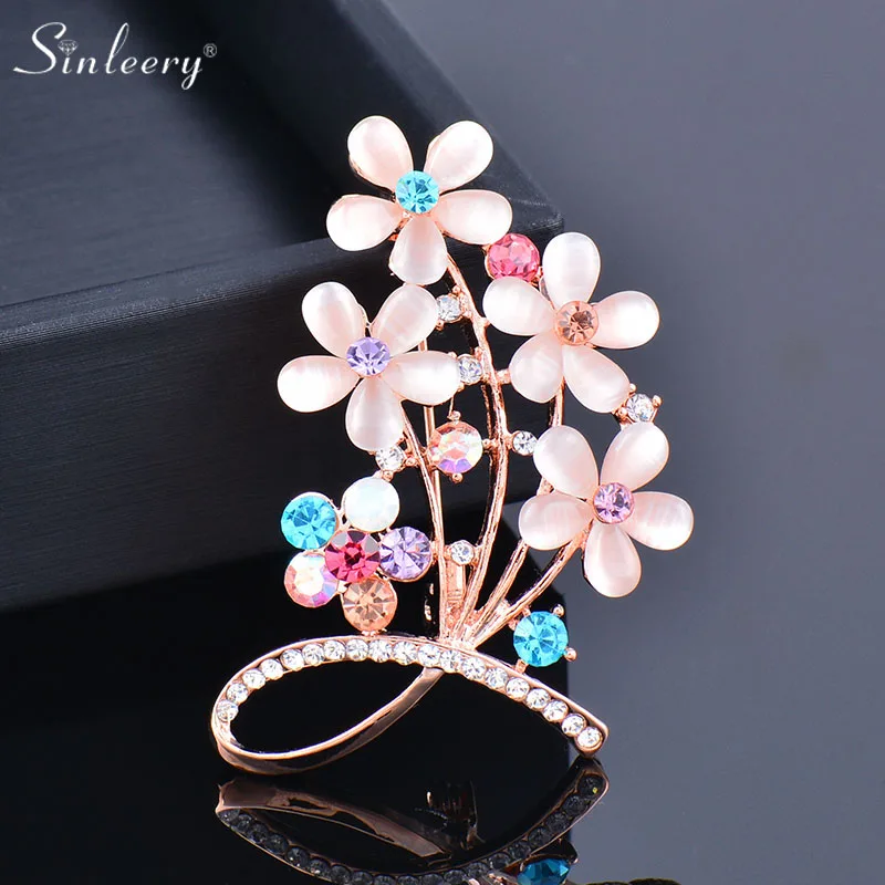 

SINLEERY Design Pink Opal Flowers Brooch Enamel Pin Rose Gold Color Tiny Cubic Zirconia Brooch For Women Jewelry ZD1 SSB