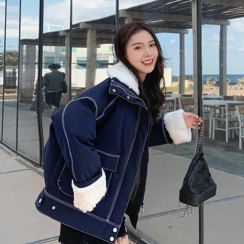 

Корейская хлопковая куртка, Женская Короткая Повседневная Свободная бейсбольная куртка из овечьей шерсти, женский хлопок, зима 2021