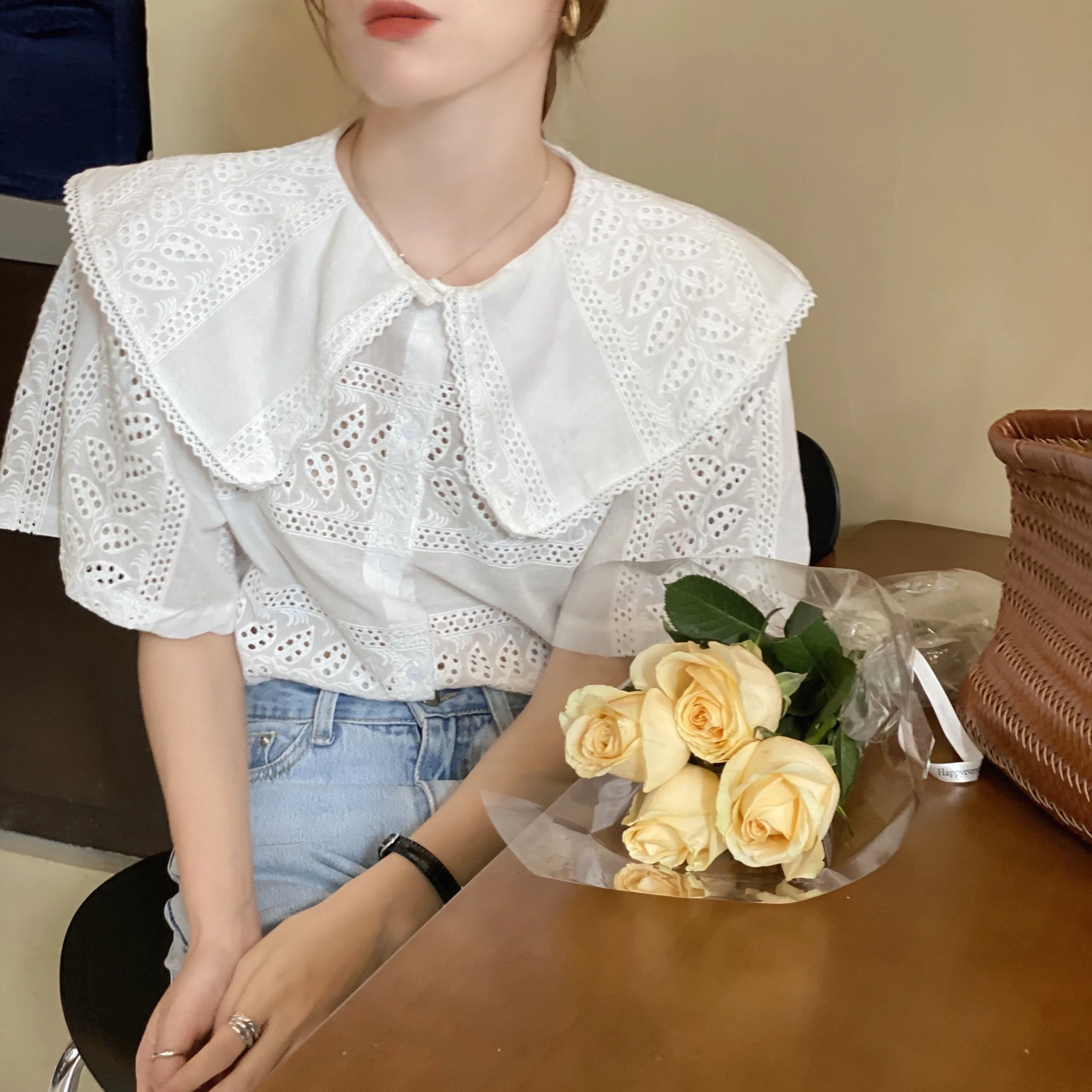 

Korean Chic Exquisite Crochet Sweet Western Style Younger Peter Pan Collar Girlish Style Top 2021 Summer Short Sleeve Shirt
