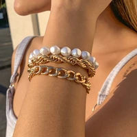 vintage imitation pearl beaded bracelet womens boho gold metal personality creative twist chain bracelets girl lover jewelry