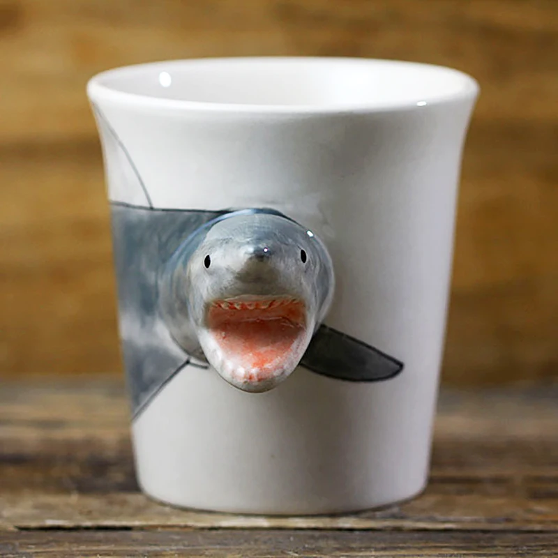300ml Shark Coffee Cup Creative Animal Ceramic Mug 3D Hand Drawn Cartoon Funny Mugs With handle Boy drinking glass | Дом и сад