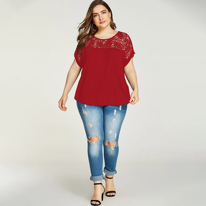 Женская кружевная блузка YOINS Повседневная Блузка с коротким рукавом и круглым