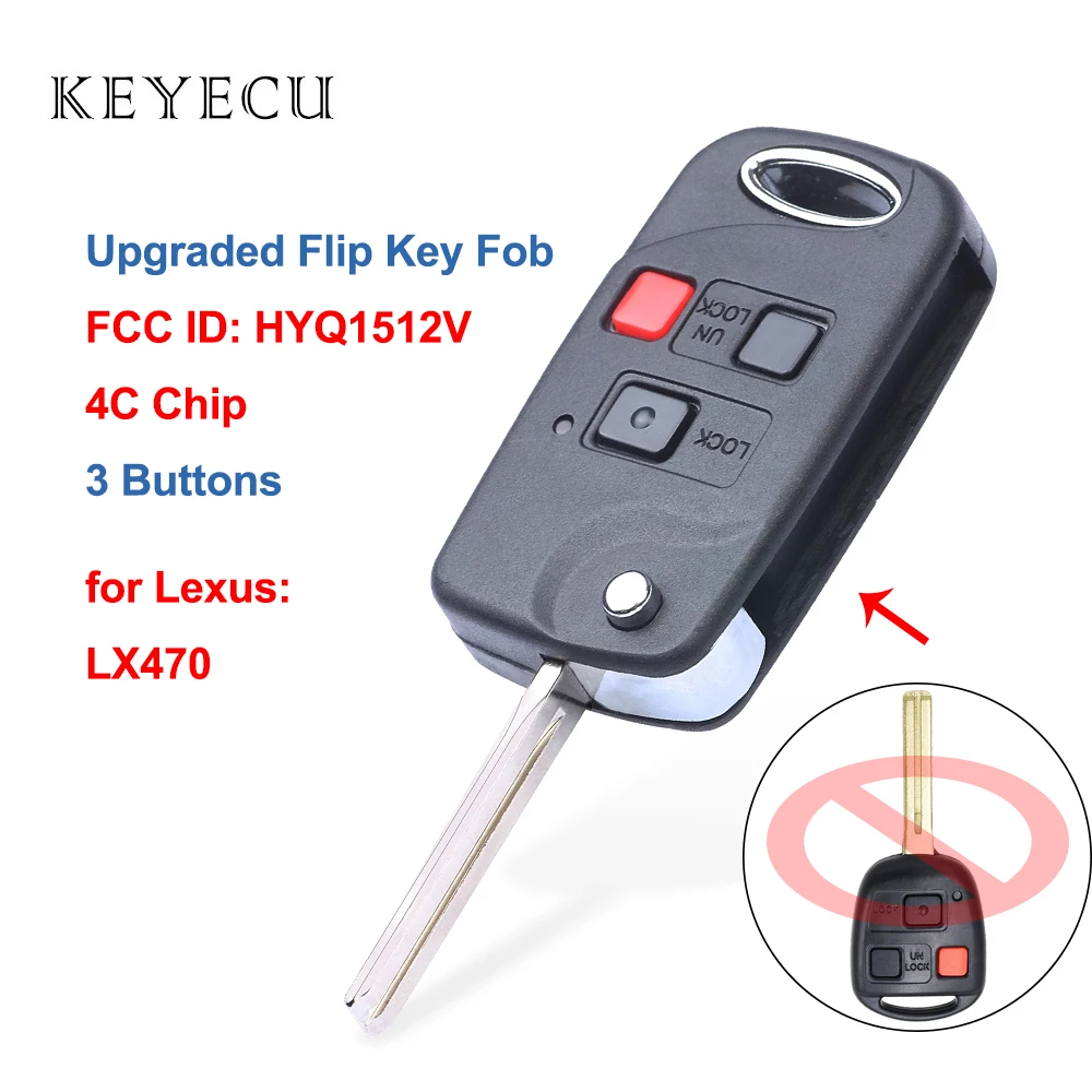 

Keyecu Upgraded Flip Folding Remote Car Key Fob 3 Buttons 4C for Lexus LX470 1998 1999 2000 2001 2002 FCC ID: HYQ1512V