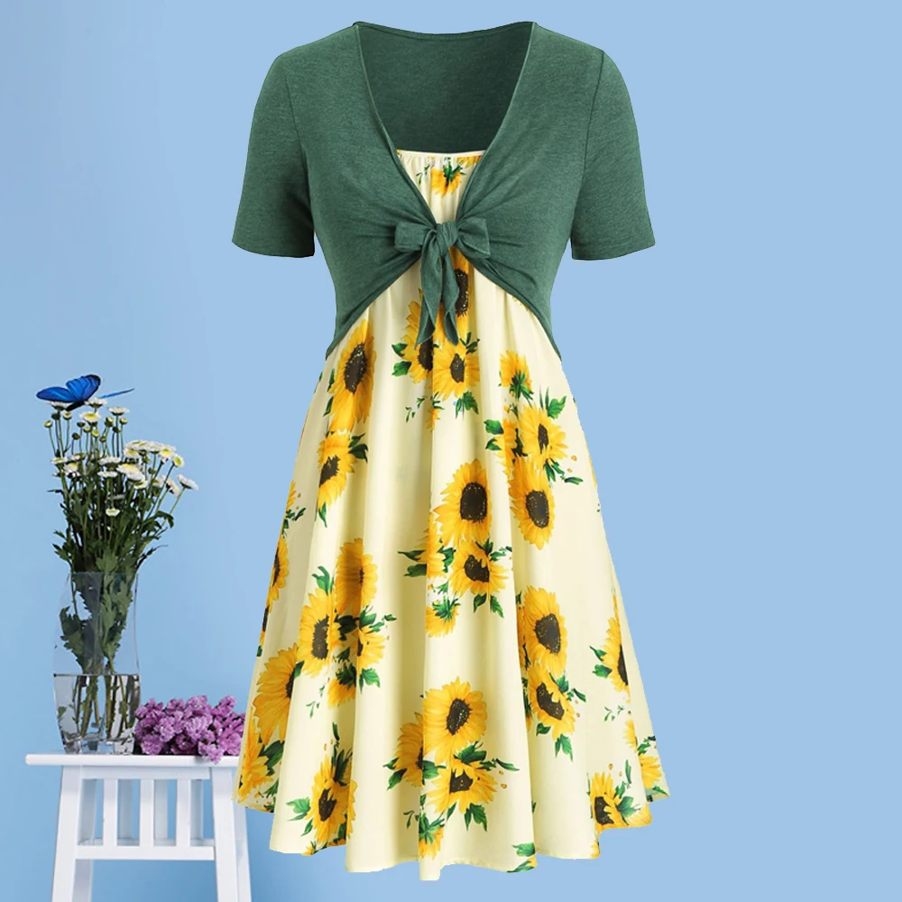 Платье мини с коротким рукавом и принтом подсолнухов|Женские платья| |