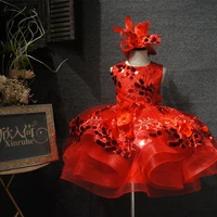 luxury red puffy baby girls dresses for birthday shiny sequins little princess party gown kids clothes special event