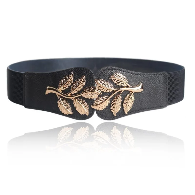 

Golden Metal Leaf Buckle Belts for Women Dress Accessories Female Elastic Waistband Fashion Cummerbund Decorative Adult Belt