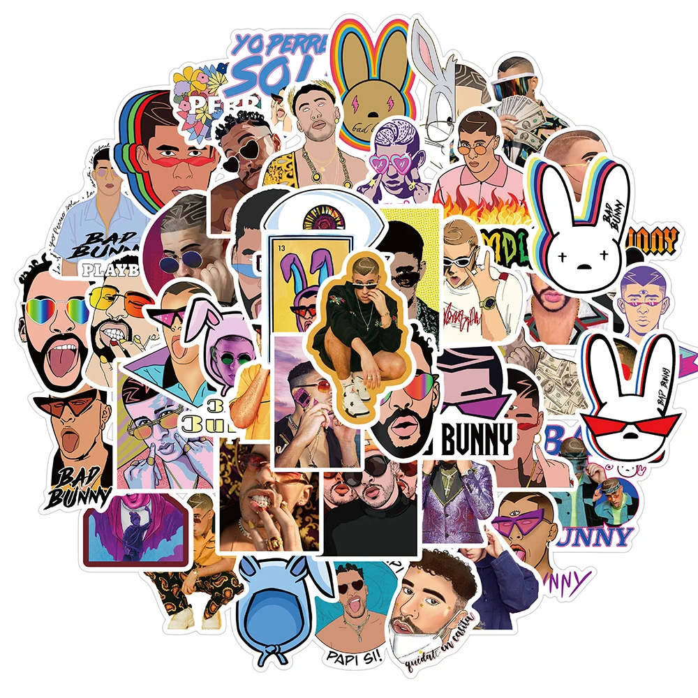 

10/30/50PCS Singers Bad Bunny Stickers Laptop Water Bottle Skateboard Waterproof Aesthetic Graffiti Decal Sticker Packs Kid Toy