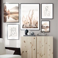 single line body art print minimalist poster beige lake tree reed landscape nature wall art canvas painting home room wall decor
