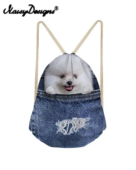 

Noisydesigns 3D Blue Denim Pocket Pattern Printing Men Drawstring Backpacks Mochila Infantil Kids Girls Cute Animal School bag