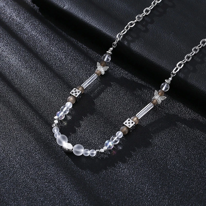 

Butterfly Adjustable Choker Lucky Dice Beaded Stainless Steel Chain Necklace 83XF