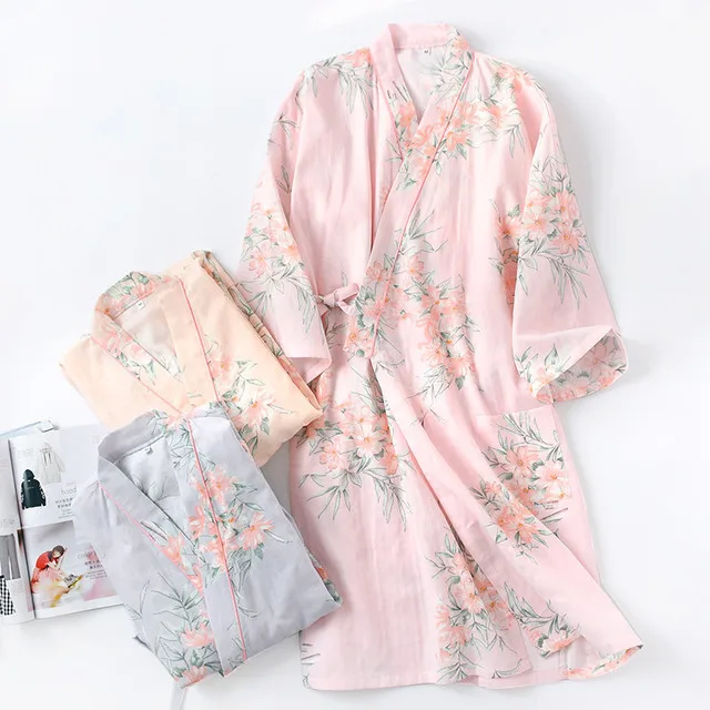 

Pink Print Flower Yukata Kimono Gown Women Sleepwear Spring Summer Cotton Gauze Bathrobe Nightgown Japanese Style Home Dress