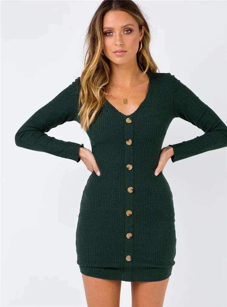 Сексуальное обтягивающее на пуговицах трикотажное платье для женщин с v образным