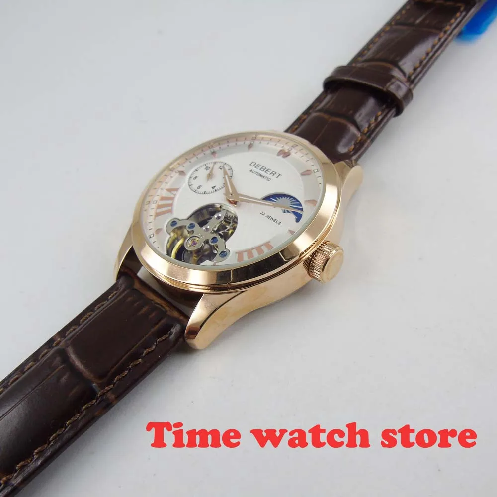 2019 new 41mm Debert Mechanical watch men gold silver waterproof leather strap white blue dial Hombre Automatic steel dc8247 | Наручные