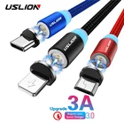 Магнитный USB-кабель USLION 3A, зарядное устройство для iPhone 11, Micro USB, Type-C, магнитный кабель для Samsung S10, S9, USB-C, шнур 2 м